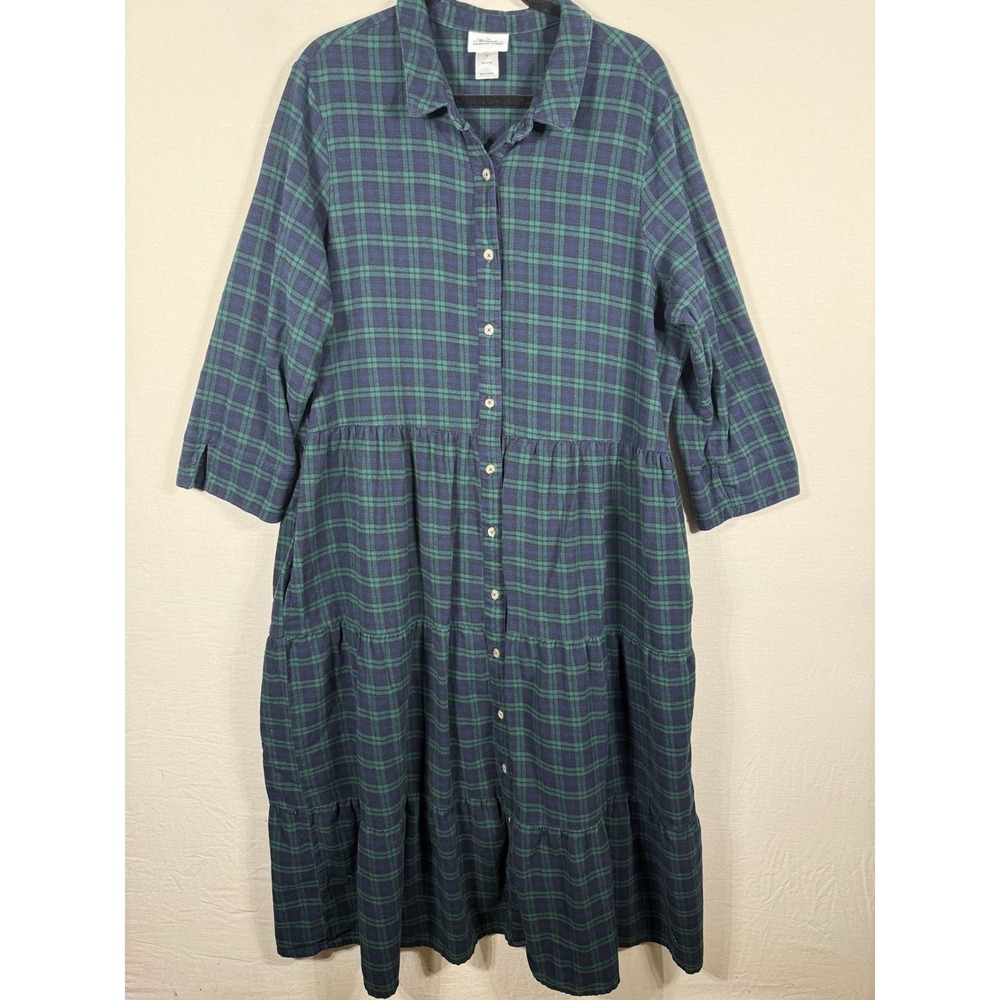 Vermont Country Store 1X Plaid Flannel Shirt Dress Cotton Tiered Pockets Blue - Picture 2 of 13